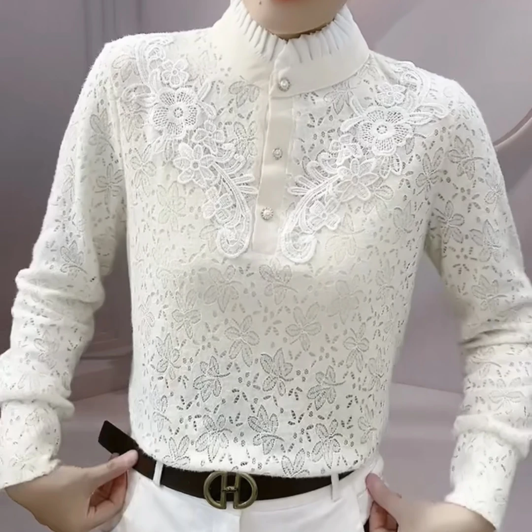 气质洋气镂空时尚长袖小衫女秋冬新款女装蕾丝显瘦上衣百搭打底衫