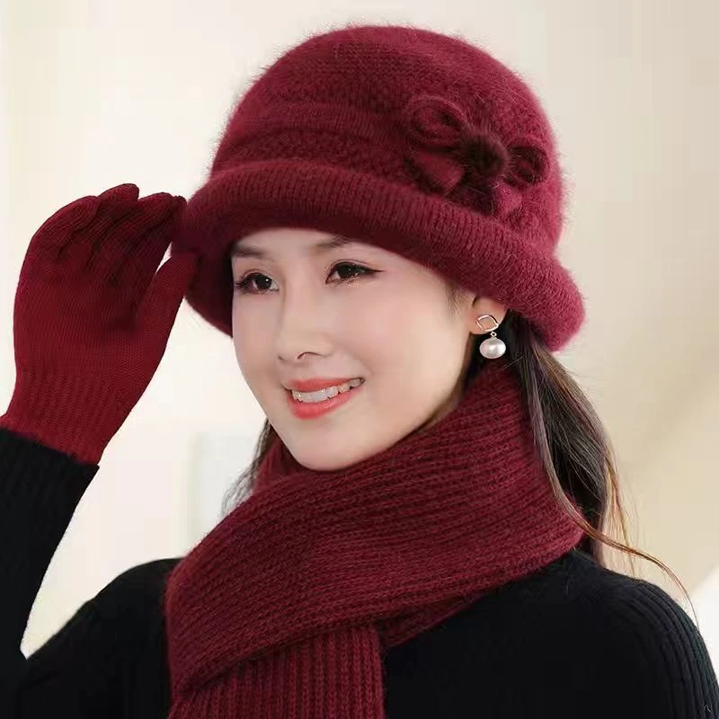中老年人帽子女秋冬天妈妈兔毛线帽老人奶奶冬季加绒厚保暖针织帽
