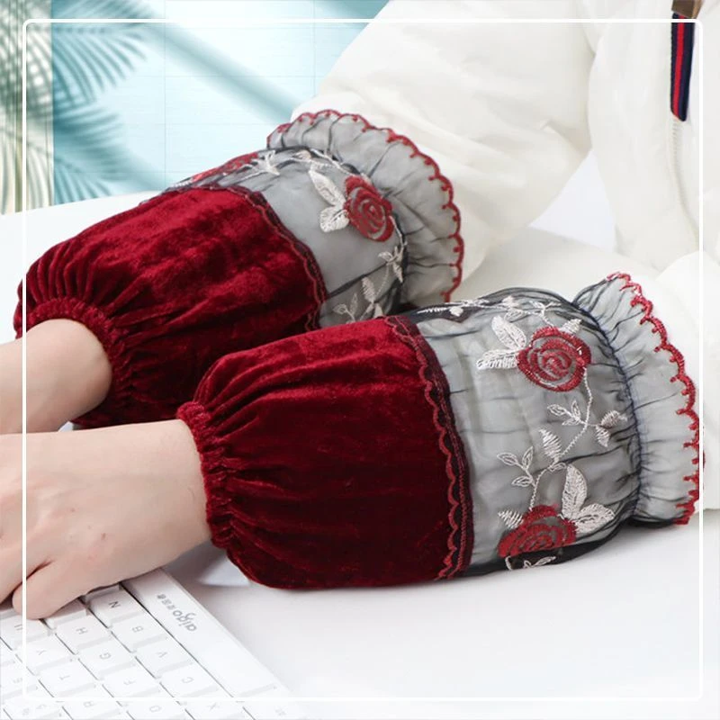 女士冬天短款蕾丝护袖新款2024金丝绒绣花成人工作袖筒防污袖套