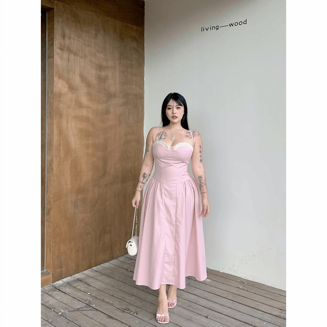 欣甜同款 【美式辣妹】气质温柔粉色小清新吊带连衣裙收腰显瘦设计
