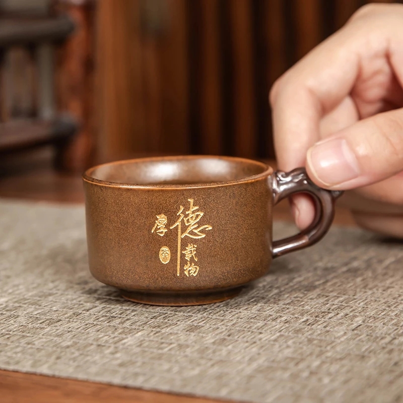 仿柴烧陶瓷带把功夫茶杯主人杯单杯个人专用复古喝茶品茗杯可定制