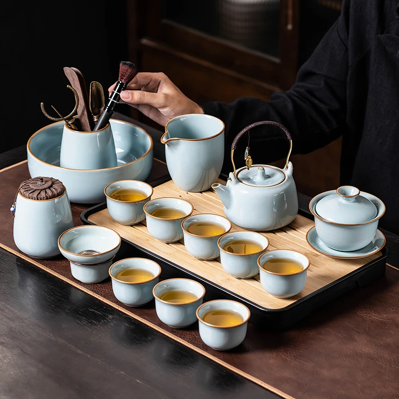 官窑功夫茶具套装家用办公室高档陶瓷提梁泡茶壶盖碗茶杯2024新款