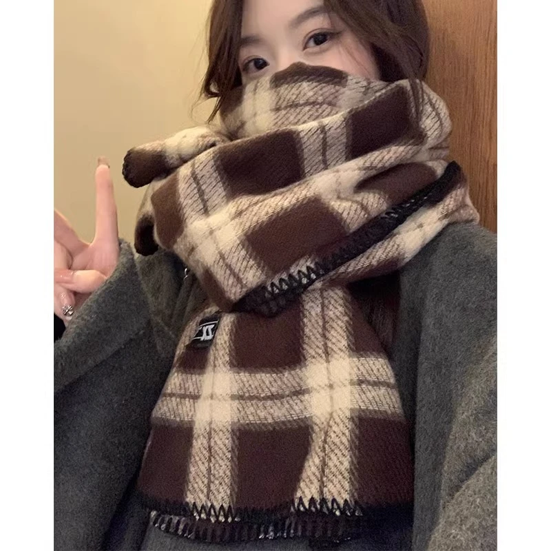 复古美拉德格子秋冬围巾高级感保暖加厚粗线条防寒咖啡色围脖披肩
