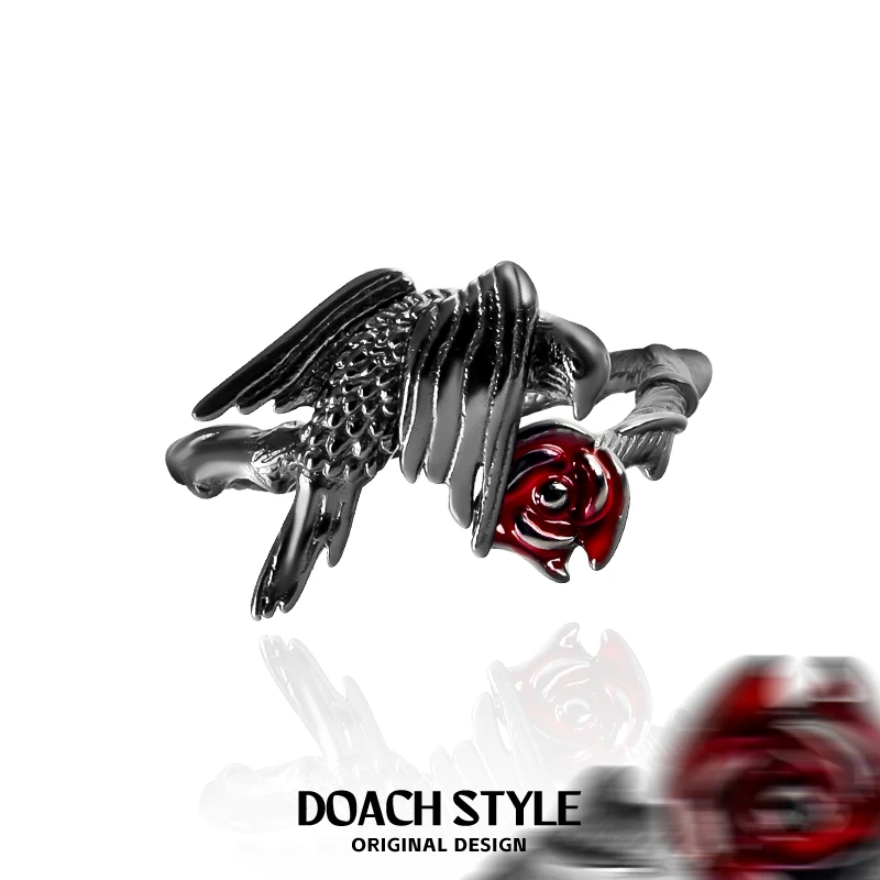925银戒指 暗黑925银乌鸦戒指原创设计食指戒甜酷红玫瑰黑色指环