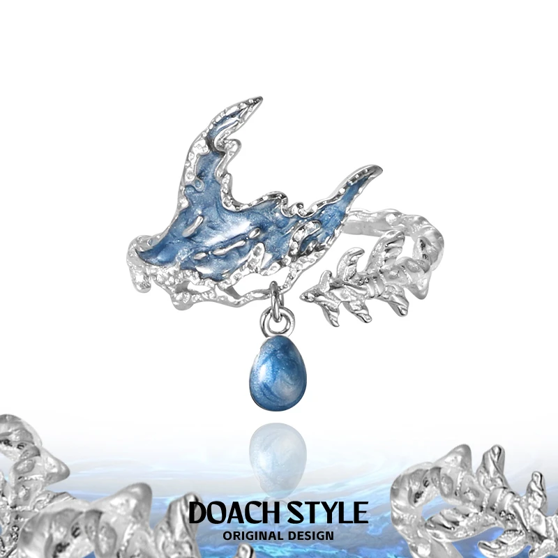 925银戒指 蓝色鱼尾戒指小众原创设计指环高级感甜酷不掉色食指戒