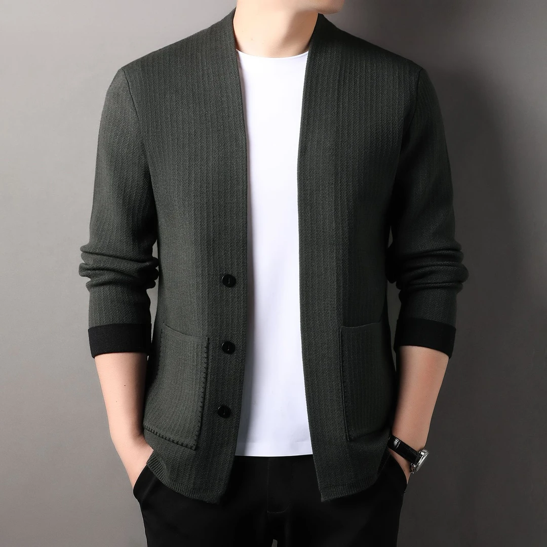 男士针织开衫扭花相拼长袖披肩英伦风格带口袋条纹男外套批发