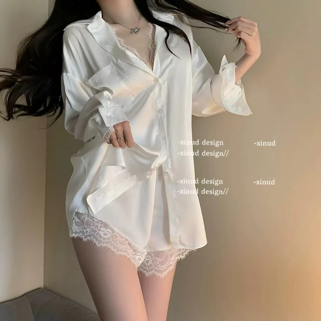 【纯欲佳人】性感女神风衬衫睡衣女士居家服冰丝薄款附短裤性感睡衣