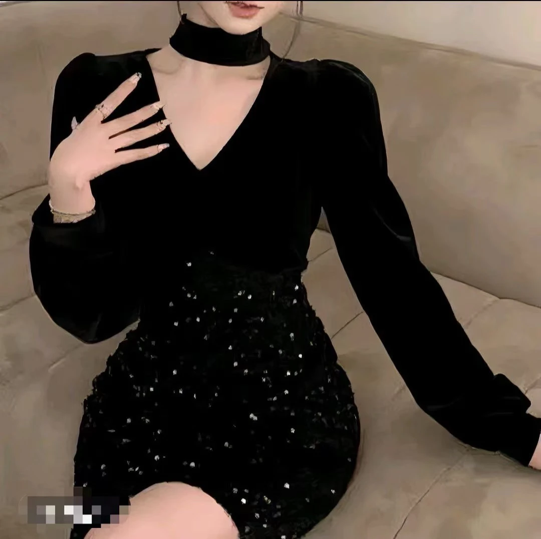 大码法式气质名媛御姐亮片礼服高级感黑色V领丝绒连衣裙女668