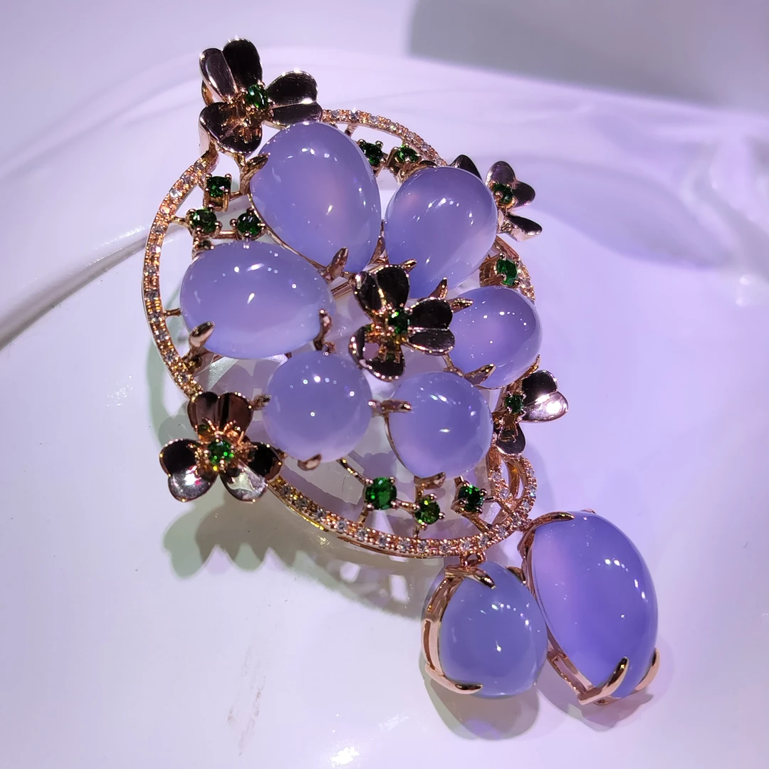 18K金配钻石镶嵌蓝玉髓胸针/吊坠2用款