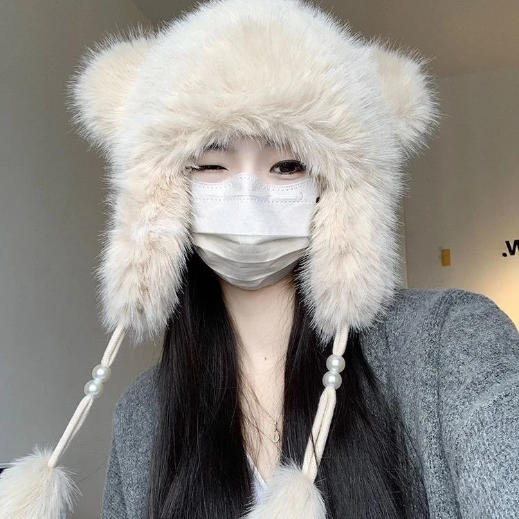[品质】冬季护耳双层加厚毛绒雷锋帽子女可爱耳朵保暖护耳套头冷帽