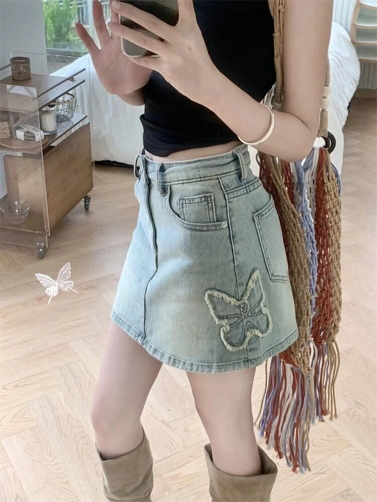 小个子小众设计感蝴蝶刺绣辣妹牛仔短裙女夏季百搭高腰显瘦半身裙