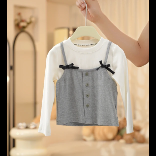 2025春季新款儿童假两件上衣 女童洋气百搭T恤 灰色女宝上衣 洋气