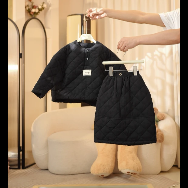 2024冬季新款儿童棉服套装 女宝套头棉衣+黑色夹棉裙子两件套韩版