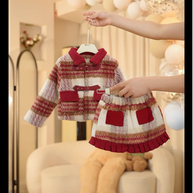 2024冬季新款儿童红格套装 女宝韩版格子外套+洋气红格半裙两件套