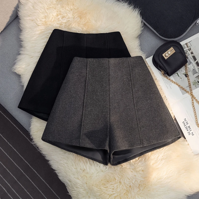 灰色毛呢短裤女秋冬高腰显瘦a字阔腿裤小个子宽松外穿呢子休闲裤