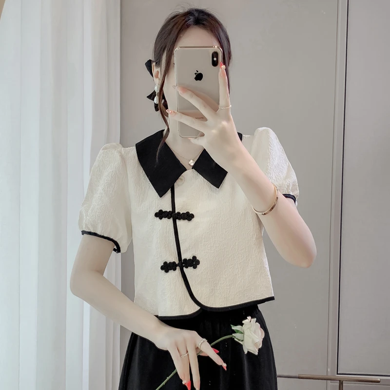 复古盘扣短袖衬衫女夏季2025年新款设计感小众短款新中式国风上衣
