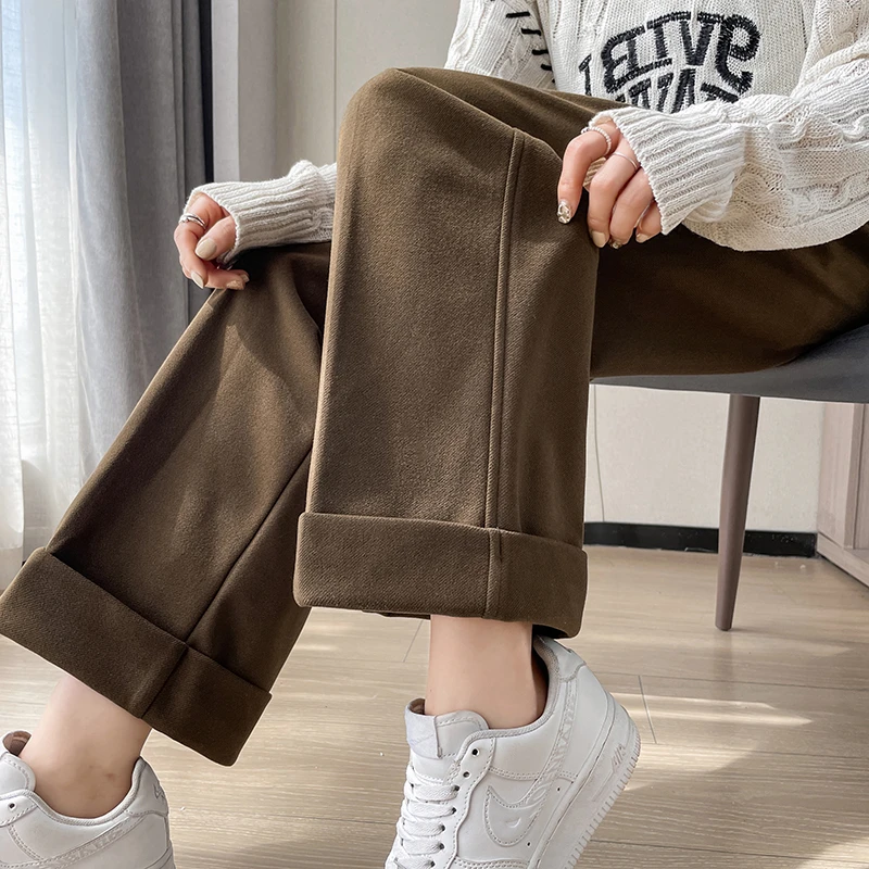 黑色毛呢西装阔腿裤女秋冬小个子松紧高腰垂感直筒九分卷边休闲裤