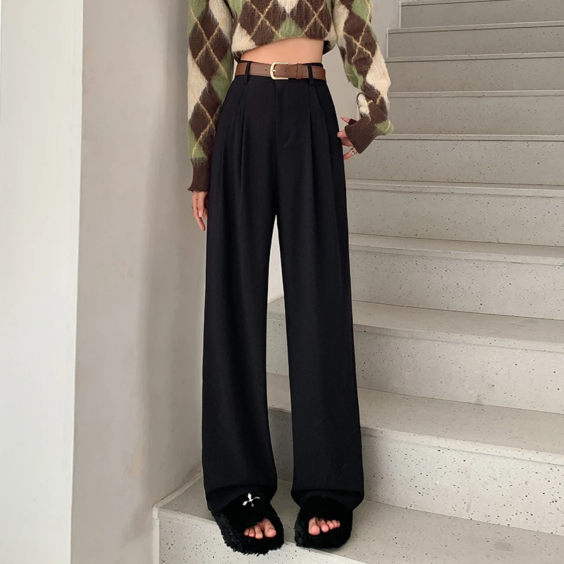 咖色西装阔腿裤女春春新款小个子高腰显瘦直筒休闲裤垂感宽松裤子