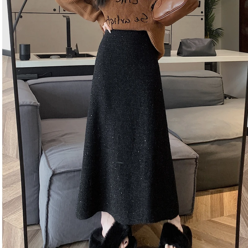 黑色亮片毛呢半身裙女秋冬高级感气质a字裙中长款高腰显瘦包臀裙