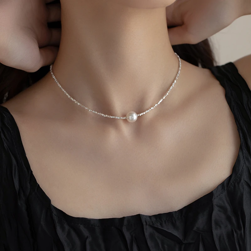 链子925银仿珍珠 925纯银项链碎银几两珍珠女颈链锁骨链碎银子