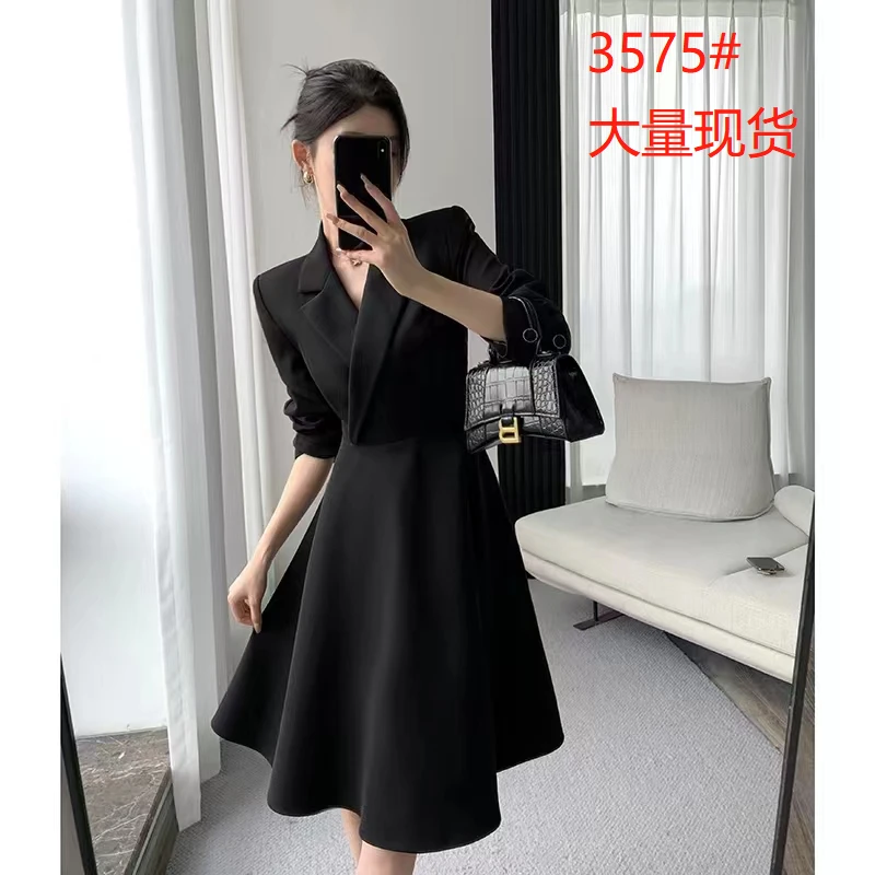 【鲸玺严选】黑色连衣裙女款长袖收腰显瘦气质赫本风西装裙