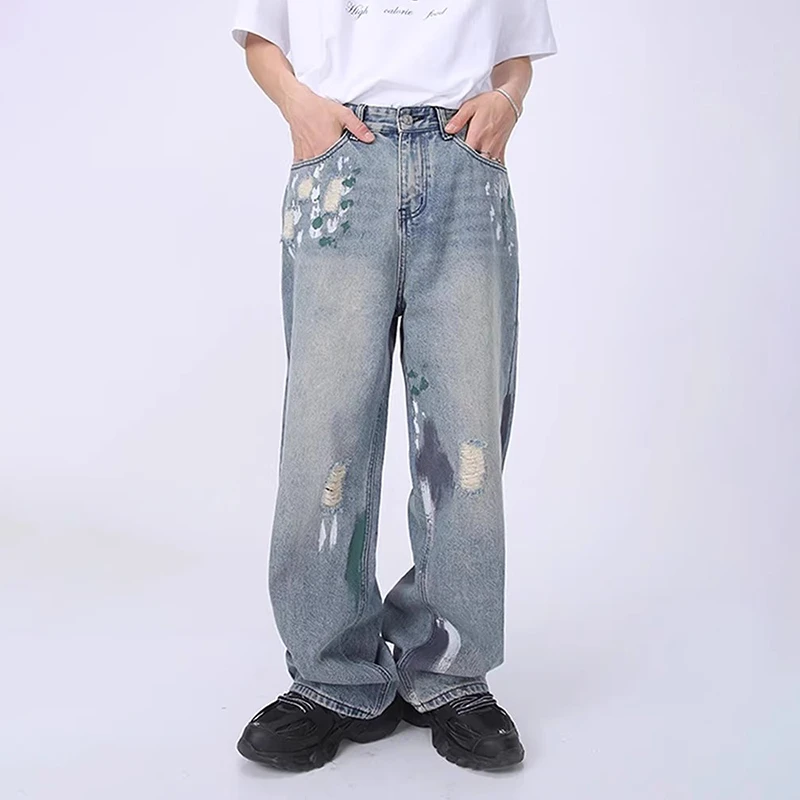 Voguo Relay原创泼墨小众设计破洞宽松阔腿牛仔裤男女同款裤子