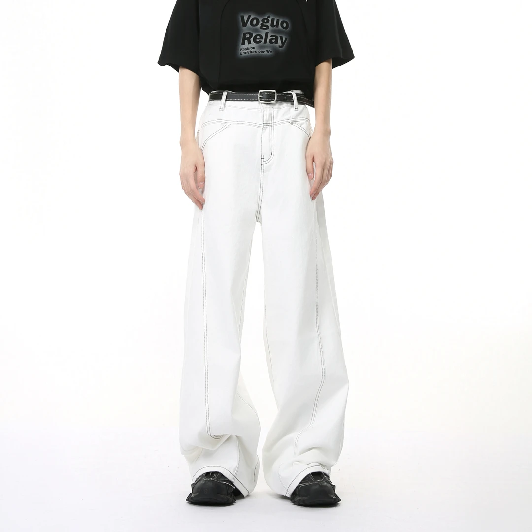 Voguo Relay原创辑明线轮廓白色牛仔裤情侣装韩版宽松阔腿拖地裤