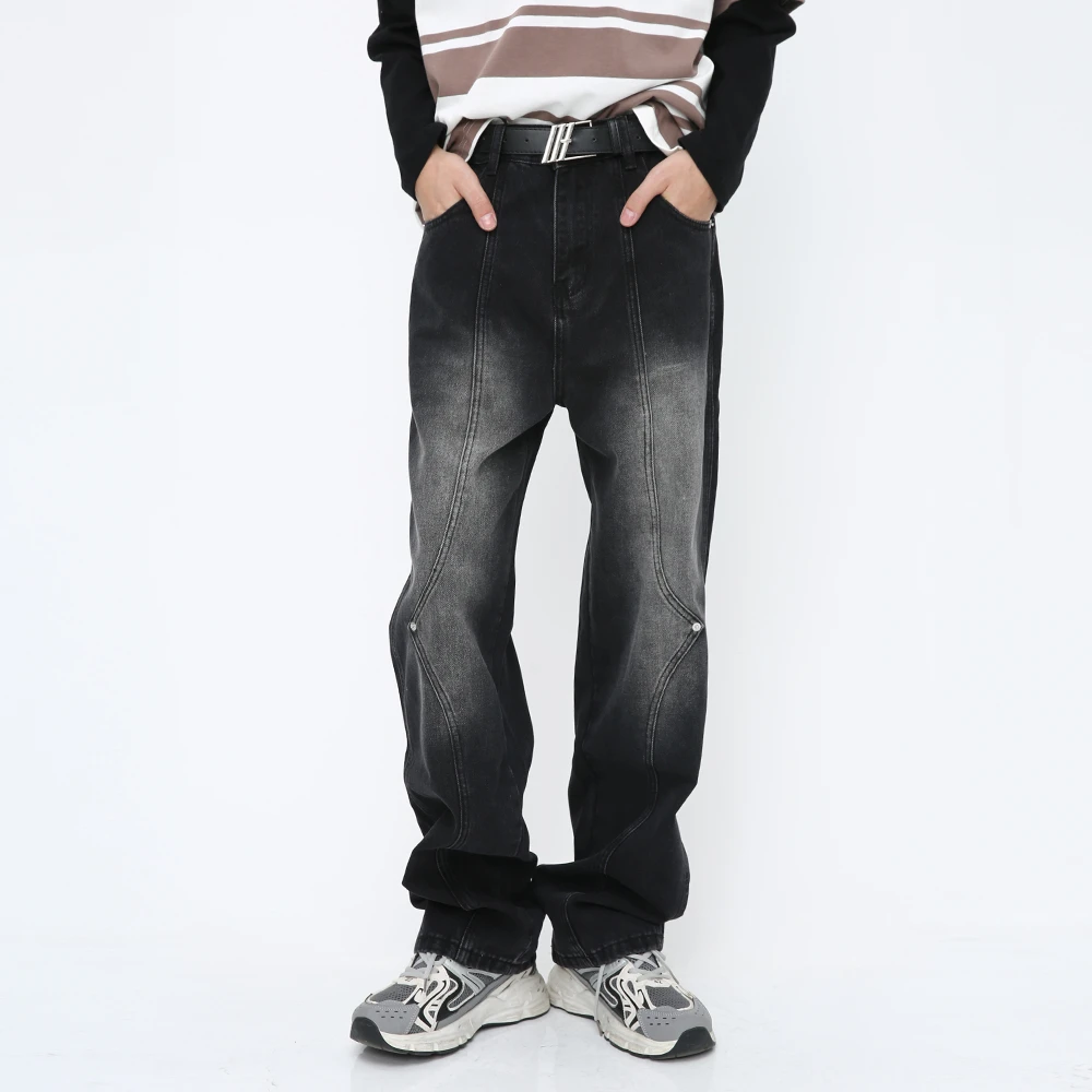 Voguo Relay小众扣钉拼接牛仔裤韩版水洗黑灰宽松直筒长裤男女