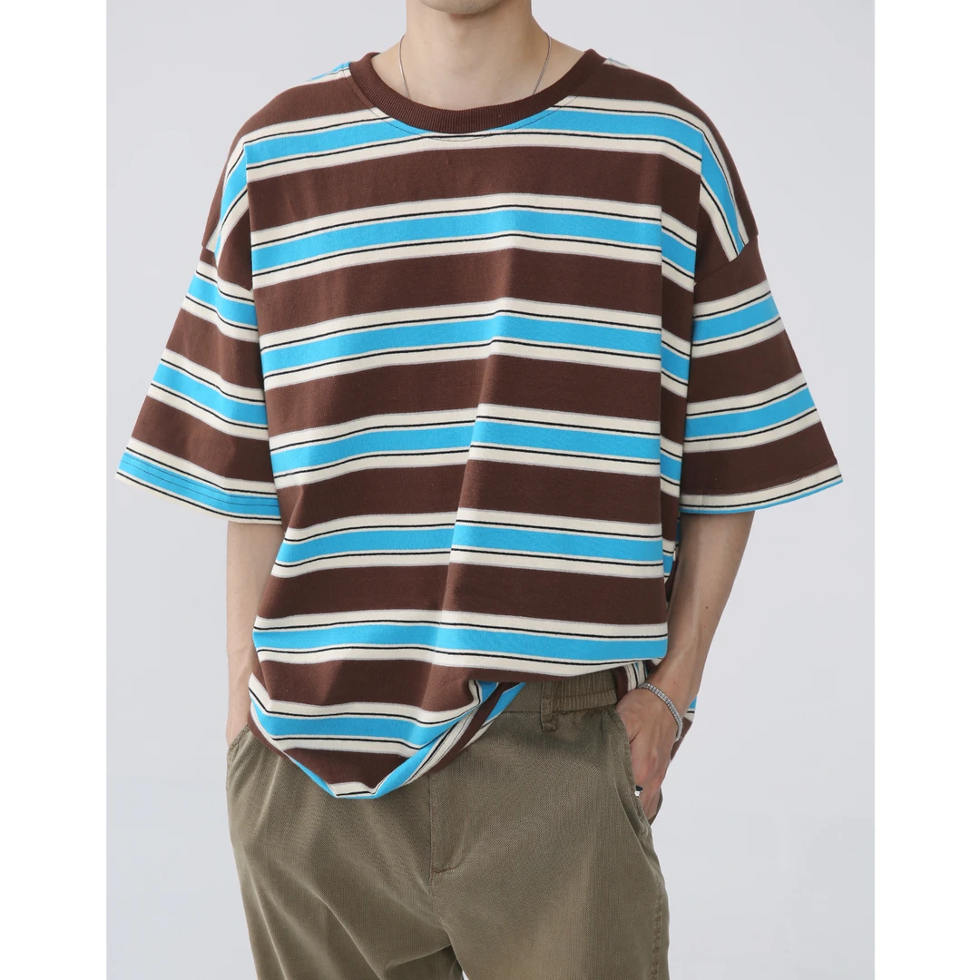 Voguo Relay韩版百搭彩色条纹印花宽松圆领短袖T恤