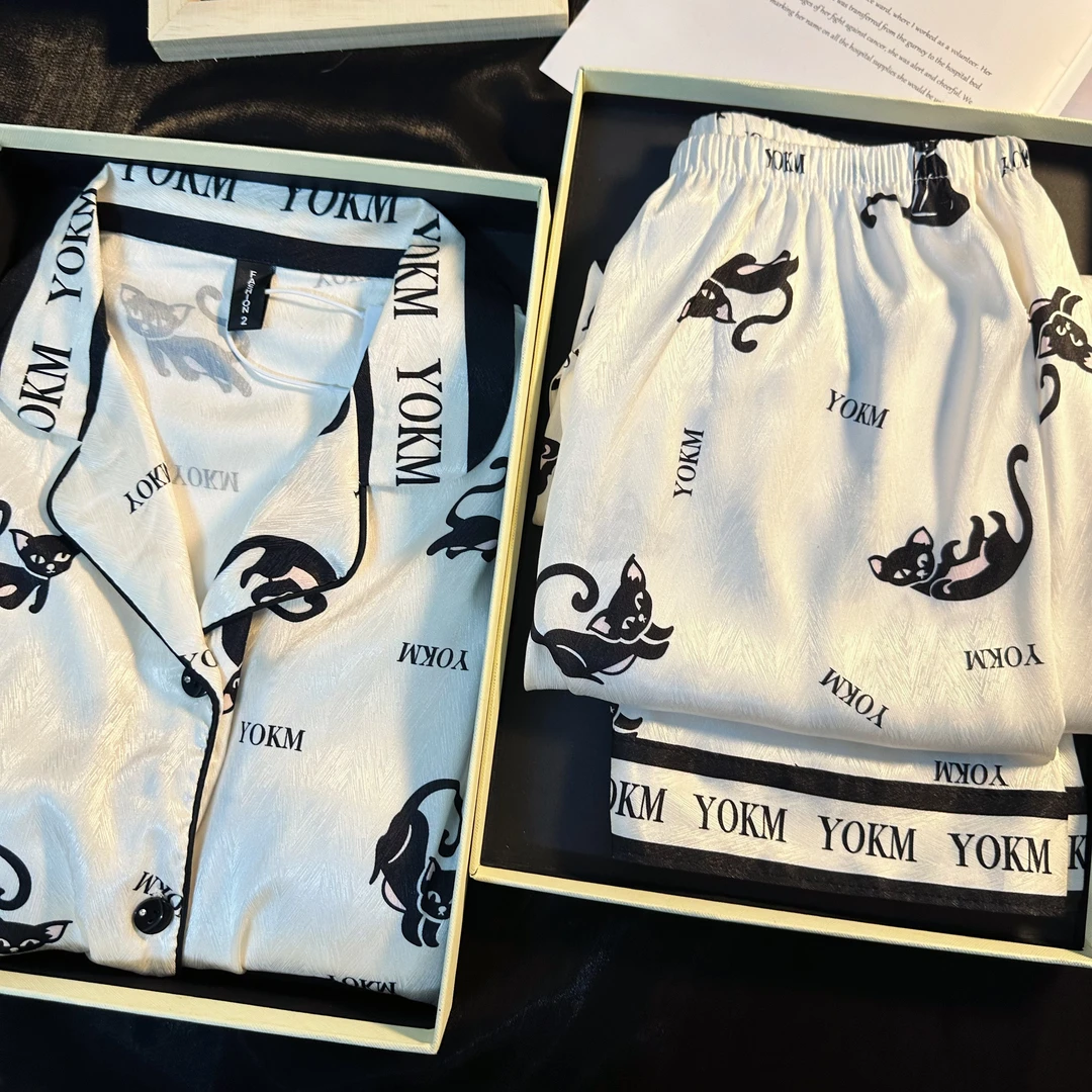 【带胸垫】2024秋季轻奢睡衣女长袖幸运猫咪冰雪软丝睡衣家居服