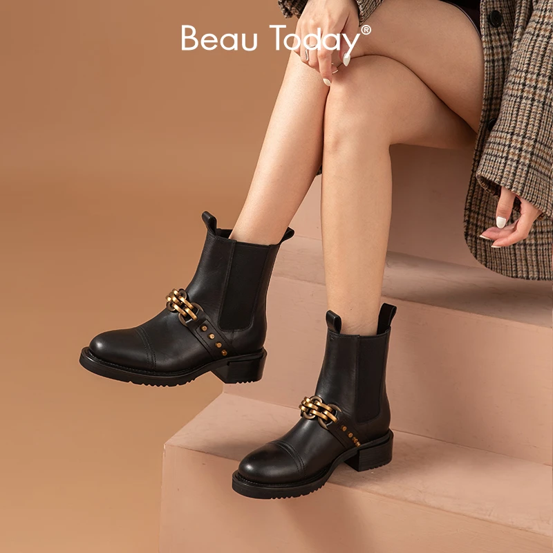 BeauToday金属时尚马丁靴女2024新款英伦风中筒靴时尚小众靴子