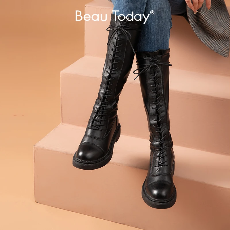 BeauToday秋冬加绒高筒小个子不过膝长筒靴女骑士靴粗腿显瘦靴子