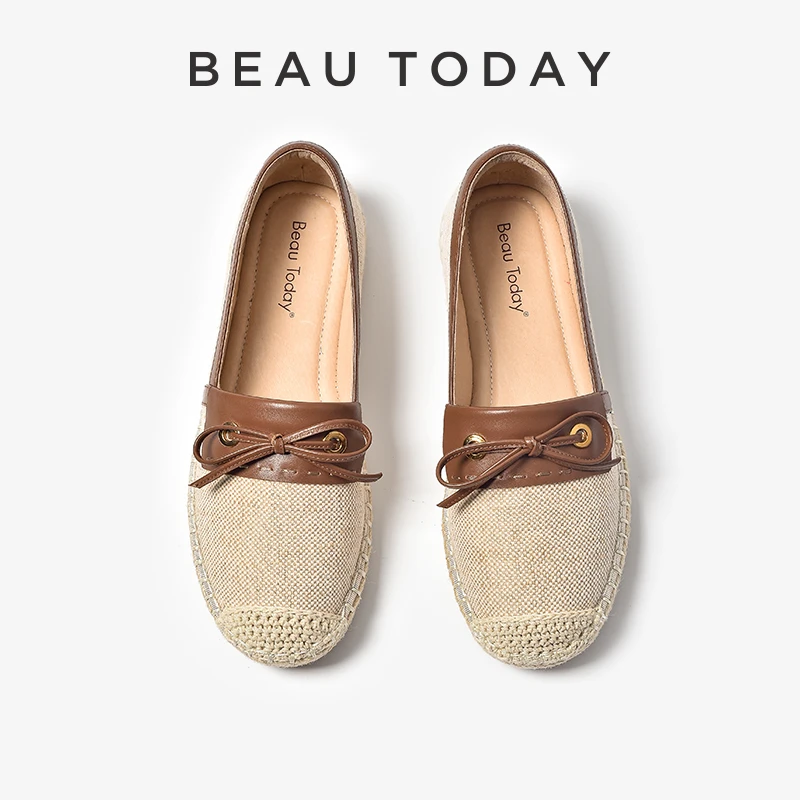 BeauToday蝶草渔夫鞋草编平底浅口单鞋女法式BT休闲鞋女夏帆布鞋