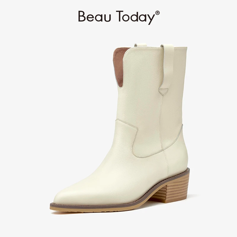 BeauToday牛仔靴女秋冬时装中筒靴BT英伦风保暖显瘦时尚百搭日常