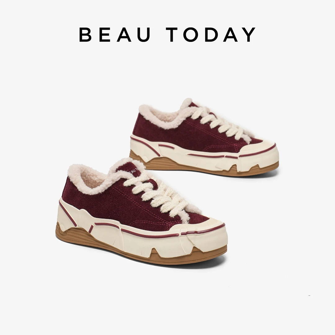 BeauToday厚底休闲鞋女2024新款秋冬BT复古休闲板鞋加绒保暖棉鞋