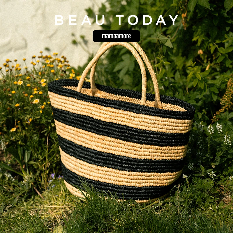 BeauToday夏季度假条纹拉菲草包包手提包腋下包简约手拎包