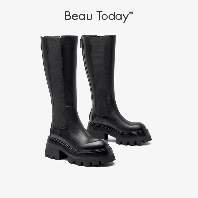 BeauTodayBT高筒靴女秋季新款高跟长筒靴粗跟真皮厚底英伦风靴子