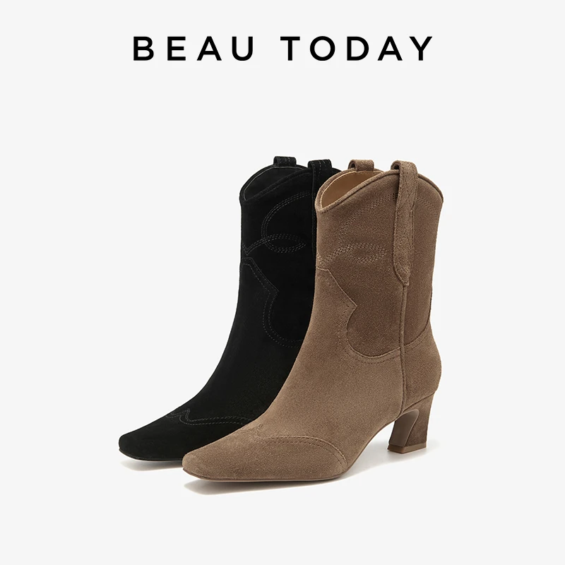 BeauToday美式复古西部靴女牛仔靴女BT短靴女