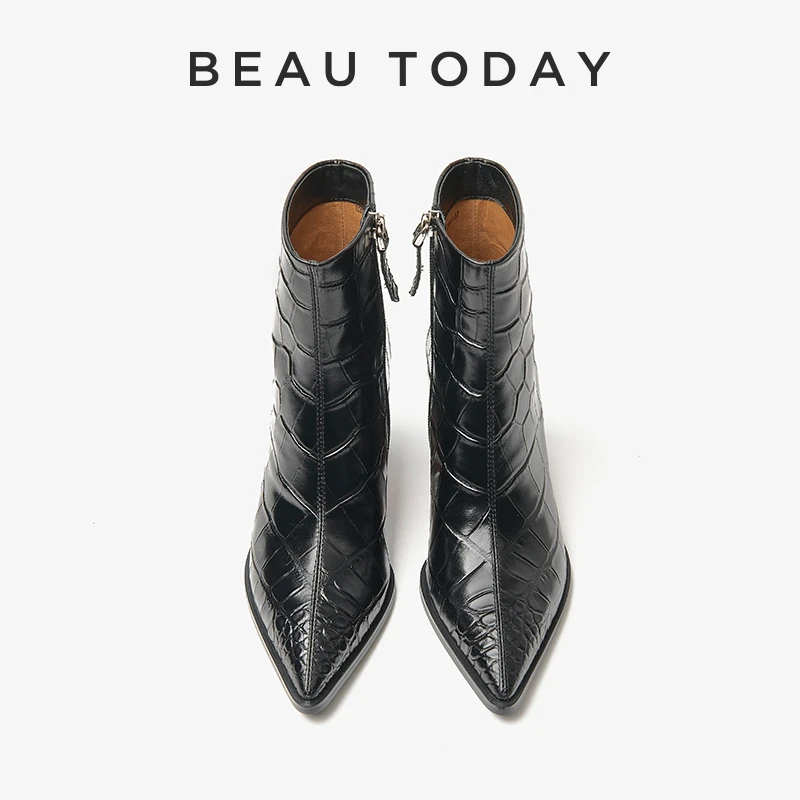 BeauToday短靴女BT新款真皮高跟单靴粗跟尖头黑色靴子