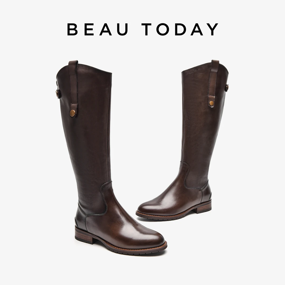 BeauToday小众瘦瘦靴真皮英伦风粗腿靴子长筒靴女骑士靴增高百搭