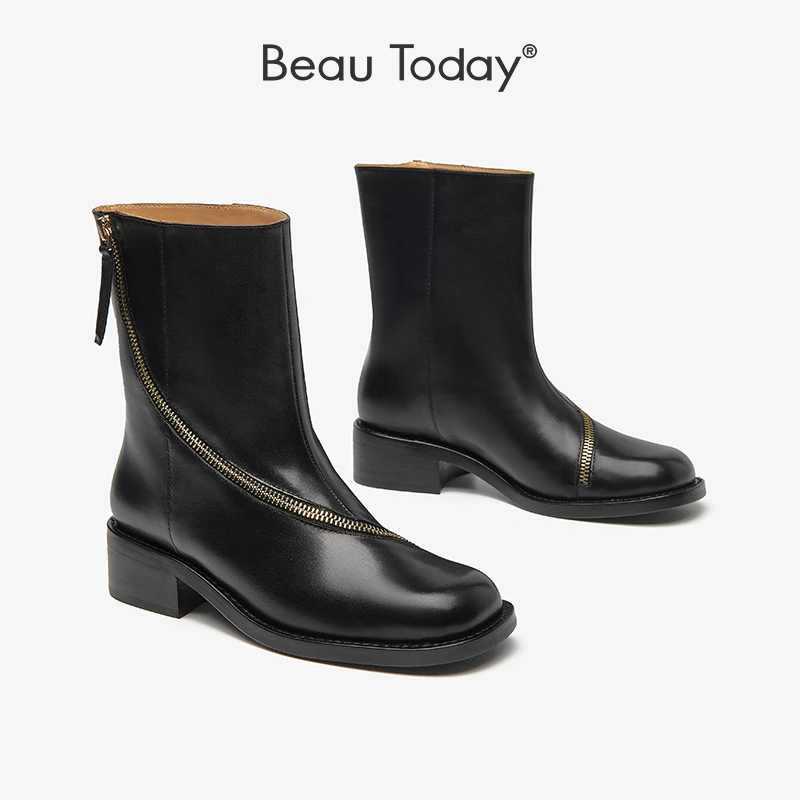 BeauTodayBT中筒靴女2023新款单靴粗跟黑色牛皮秋季厚底女靴秋冬