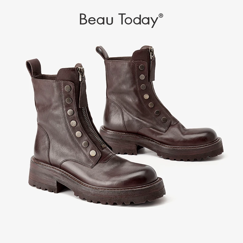 BeauToday厚底马丁靴女法式黑色英伦风小个子休闲增高中筒靴