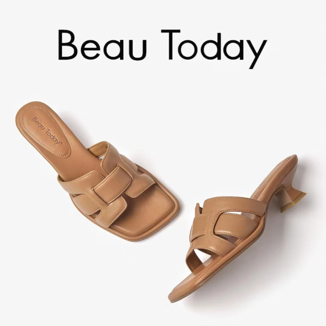 BeauToday新款拖鞋外穿夏季女BT法式晚风真皮编织一字带高跟凉拖