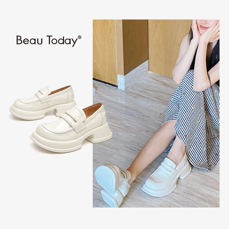 BeauToday【明星同款】奶油泡芙系列乐福鞋女白色厚底小皮鞋女