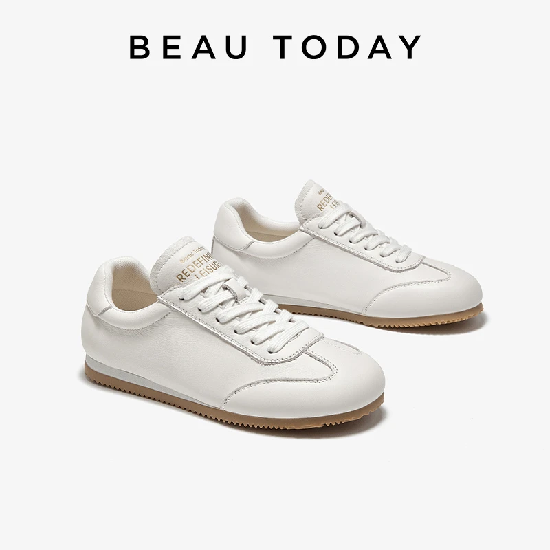BeauToday白色德训鞋女鞋真皮复古小白鞋