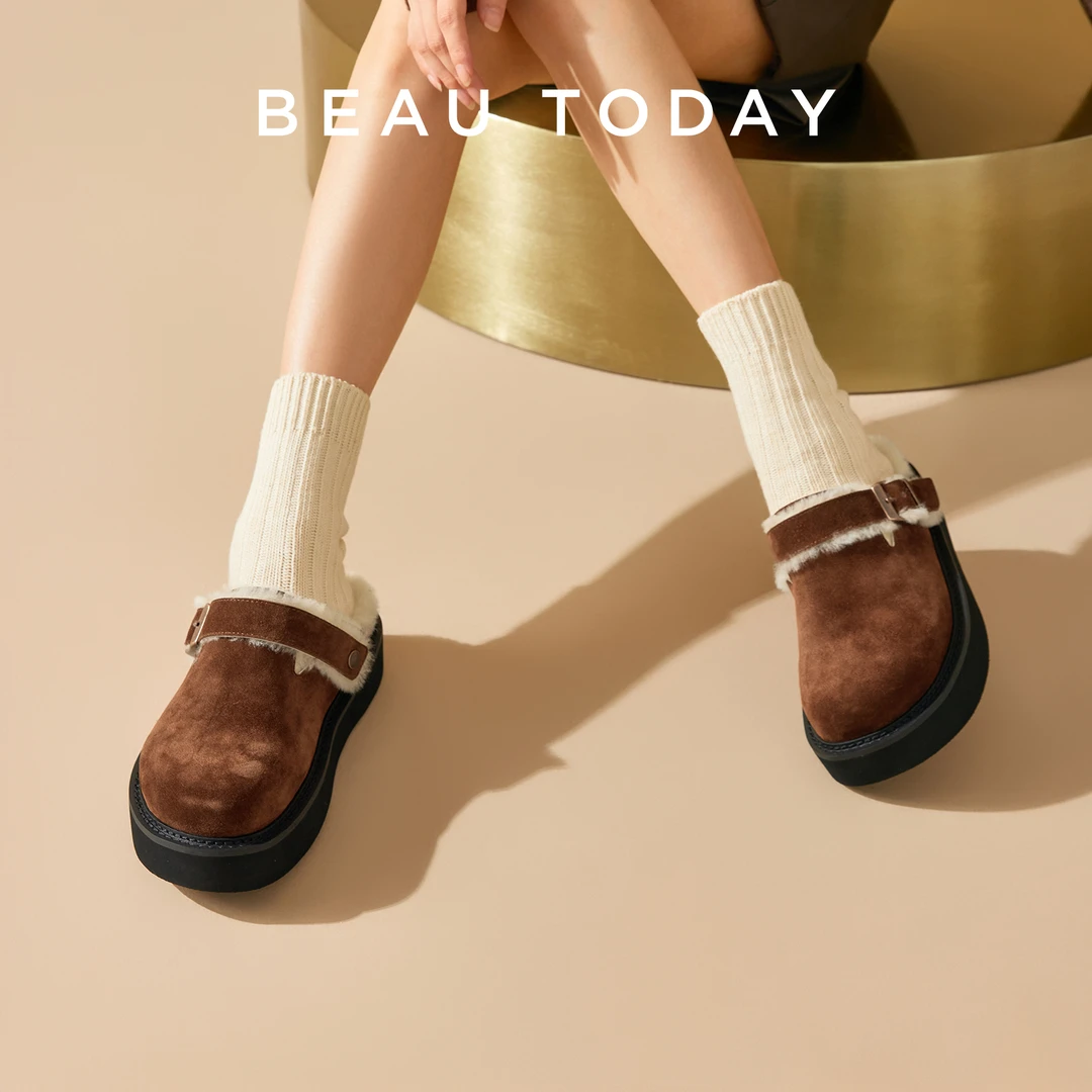 BeauToday厚底保暖时尚雪地靴女款冬季2025新毛毛博肯一脚蹬半拖