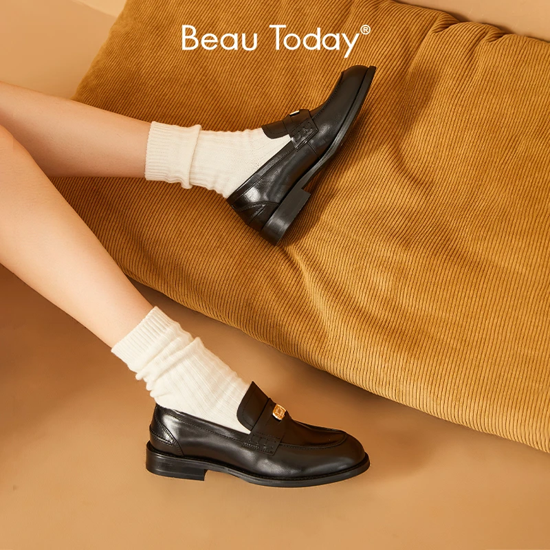 BeauToday金币乐福鞋女春季复古BT2023新款真皮女鞋平底小皮鞋