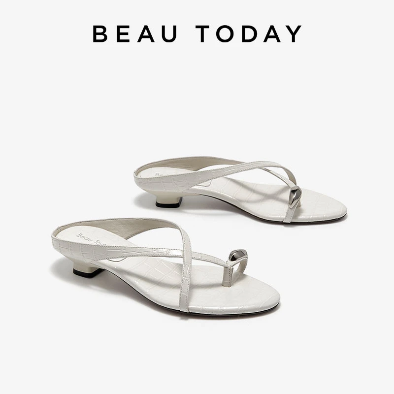 BeauToday法式凉鞋女方跟夹趾拖鞋外穿细带凉鞋