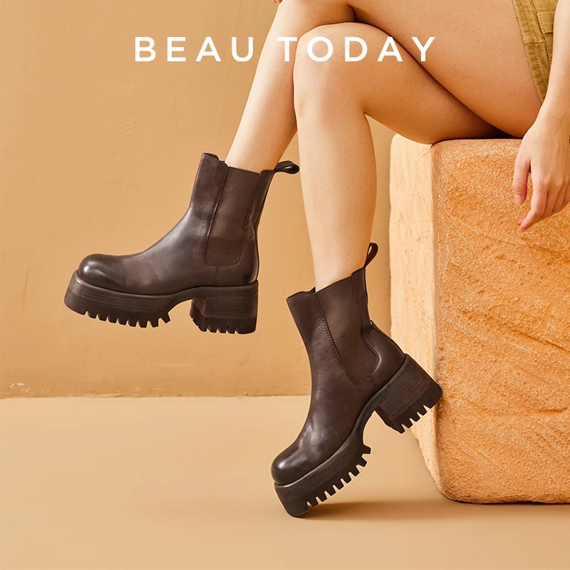 BeauToday【马皮】切尔西靴女靴秋季新款真皮短靴黑色高跟厚底靴子