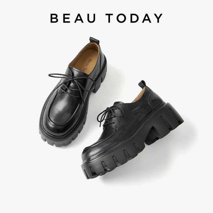 BeauToday【明星同款】英伦风小皮鞋女厚底黑色单鞋增高乐福鞋